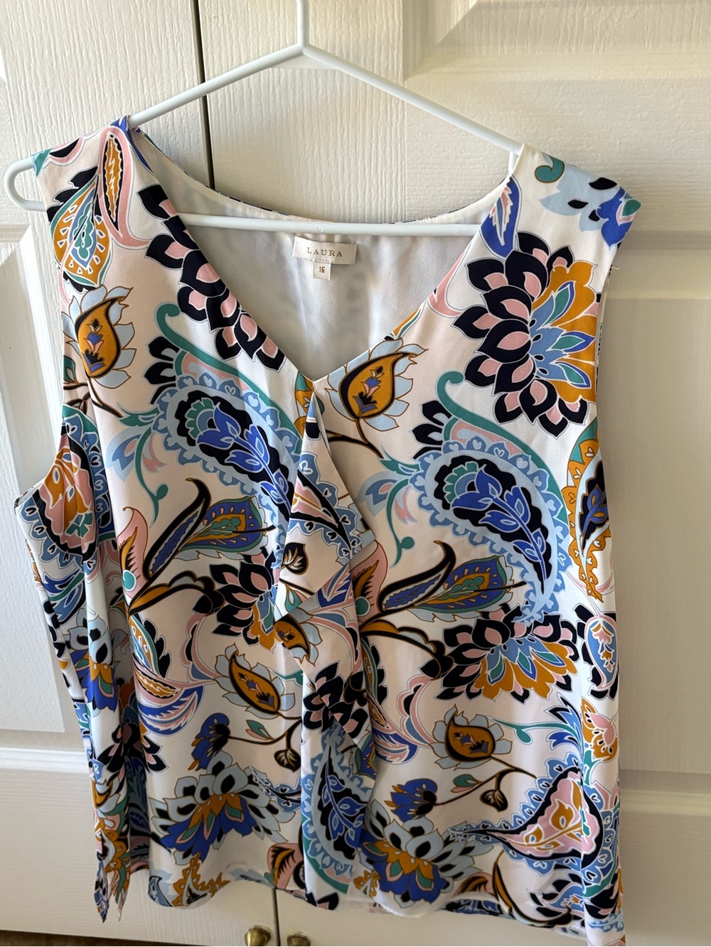 Laura White Paisley Ruffle V-Neck blouse with Blue and Gold Accents